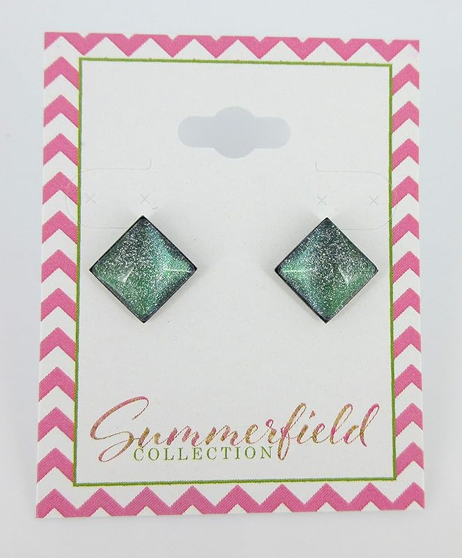 Summerfield Collection Stainless Steel Green and Blue Glitter Glass Stud Earrings Hand-painted Square 10mm