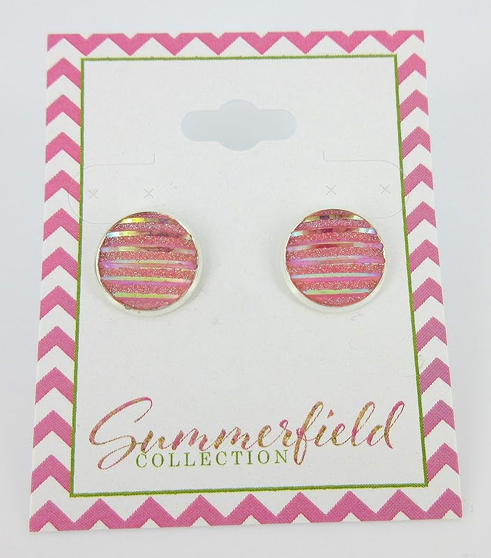 Summerfield Collection Silver-tone Frosted Metallic Stripe Stud Earrings 12mm (Light Pink AB)