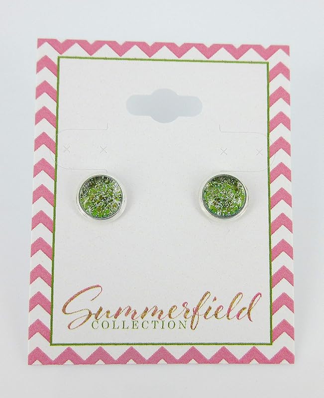 Summerfield Collection Silver-tone Green Glitter Glass Stud Earrings Hand-painted 8mm