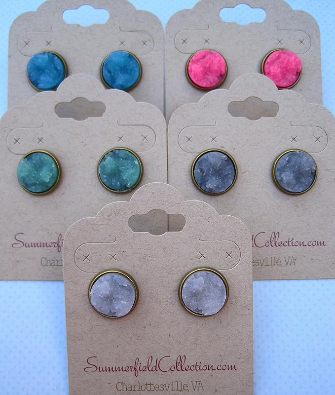 Summerfield Collection Antiqued Gold-tone Faux Druzy Stone Stud Earrings 12mm (Neon Pink)