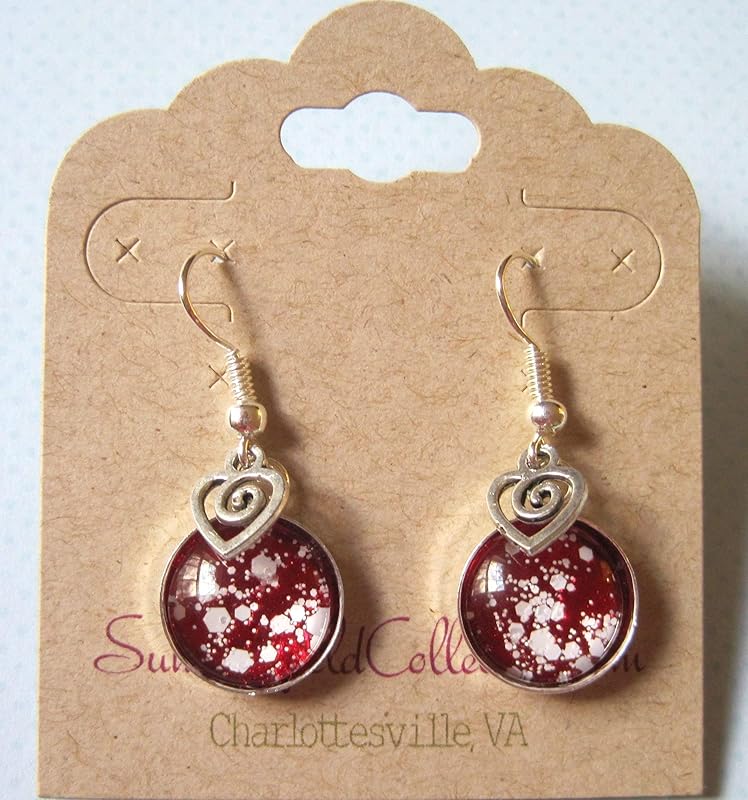 Summerfield Collection Silver-tone Red and White Glitter Glass Swirl Heart Charm Dangle Earrings Hand-painted