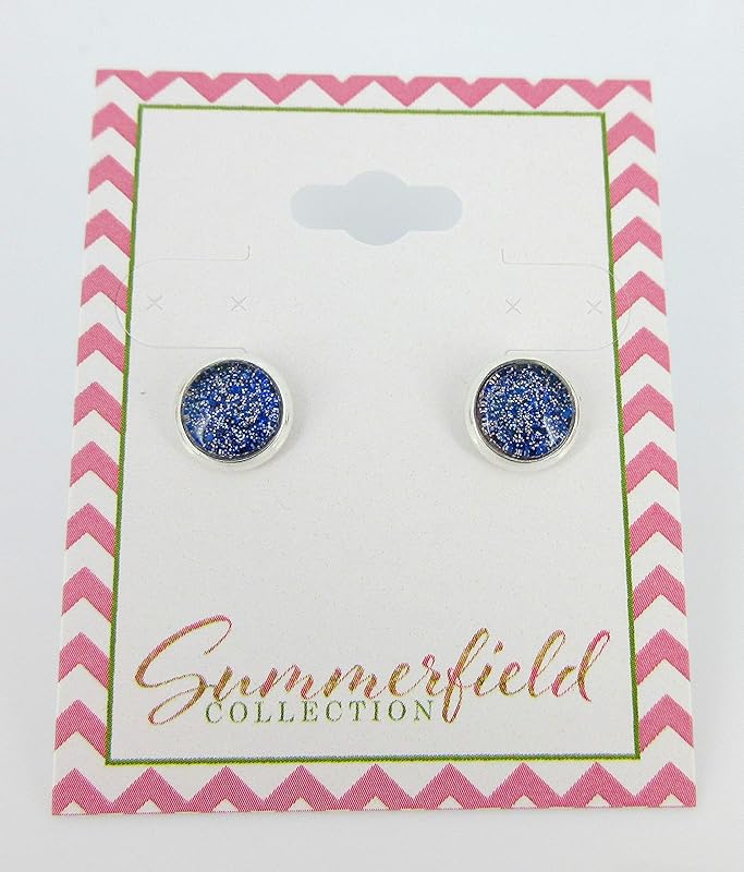 Summerfield Collection Silver-tone Royal Blue and Holographic Glitter Glass Stud Earrings Hand-painted 8mm