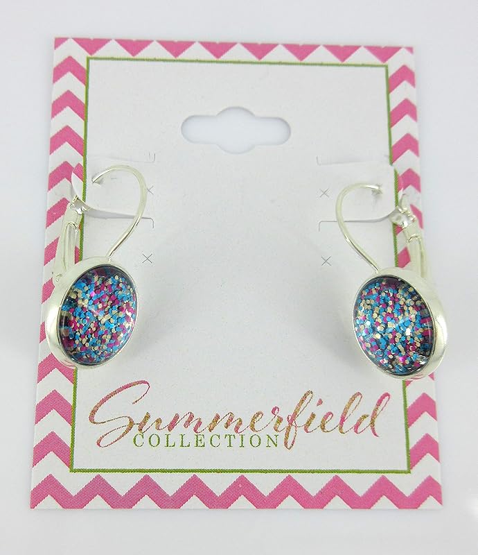 Summerfield Collection Silver-tone Blue and Pink Confetti Glitter Glass Lever-back Drop Earrings Hand-painted