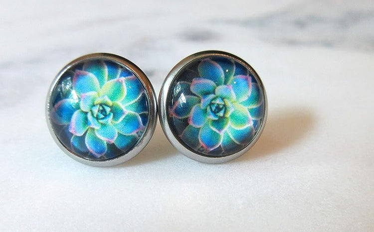 Summerfield Collection Stainless Steel Succulent Plant Print Glass Stud Earrings 12mm (Blue/Green)