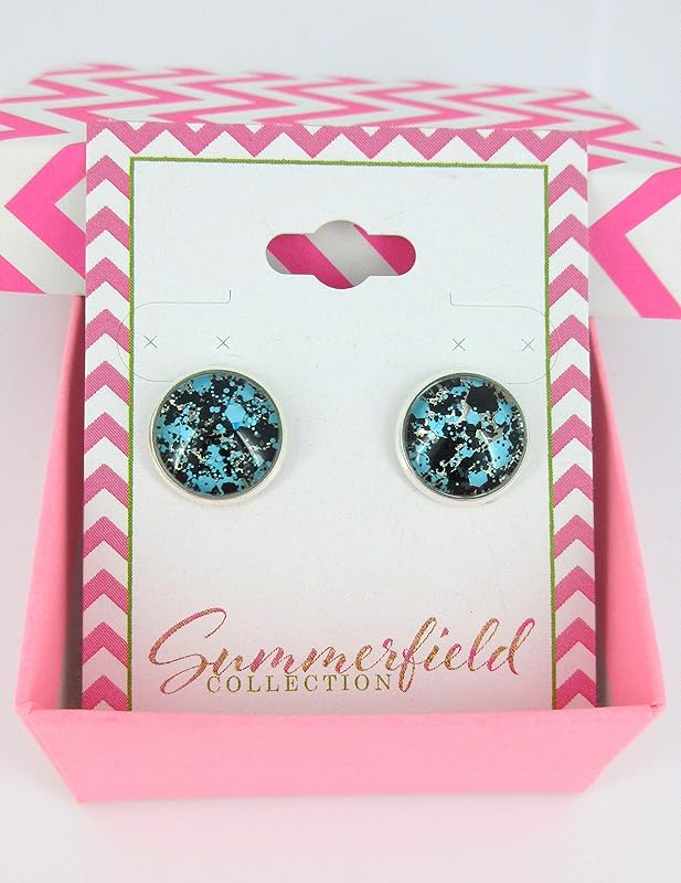 Summerfield Collection Silver-tone Aqua Blue and Black Glitter Glass Stud Earrings Hand-painted 12mm
