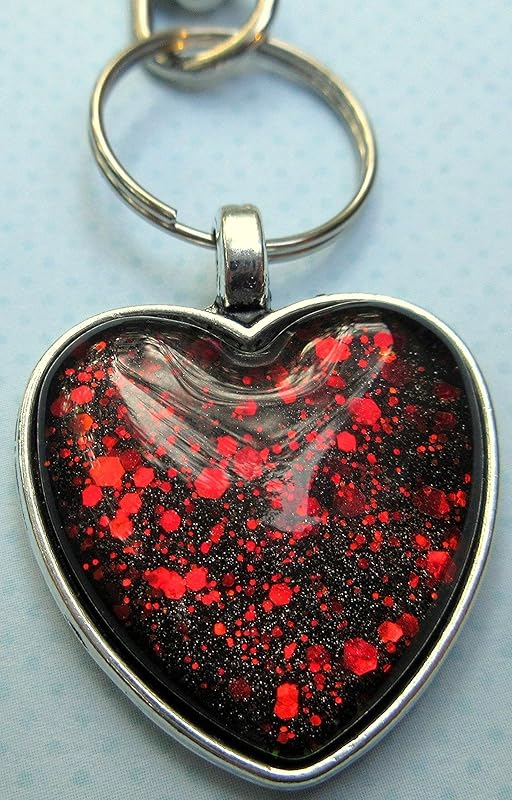 Summerfield Collection Antiqued Silver-tone Black and Red Duochrome Glitter Glass Heart Keychain Hand-painted