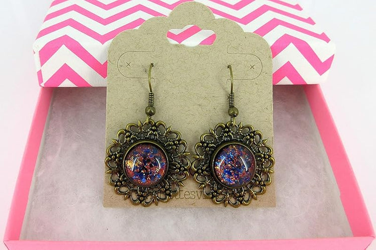 Summerfield Collection Antiqued Gold-tone Orange and Blue Glitter Glass Medallion Dangle Earrings Hand-painted