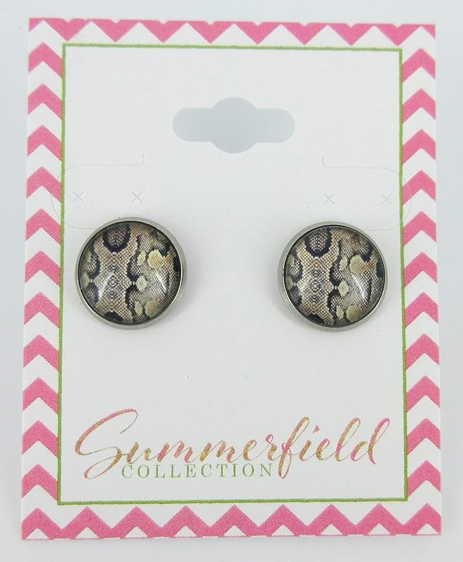Summerfield Collection Stainless Steel Snakeskin Animal Print Glass Stud Earrings 12mm Brown