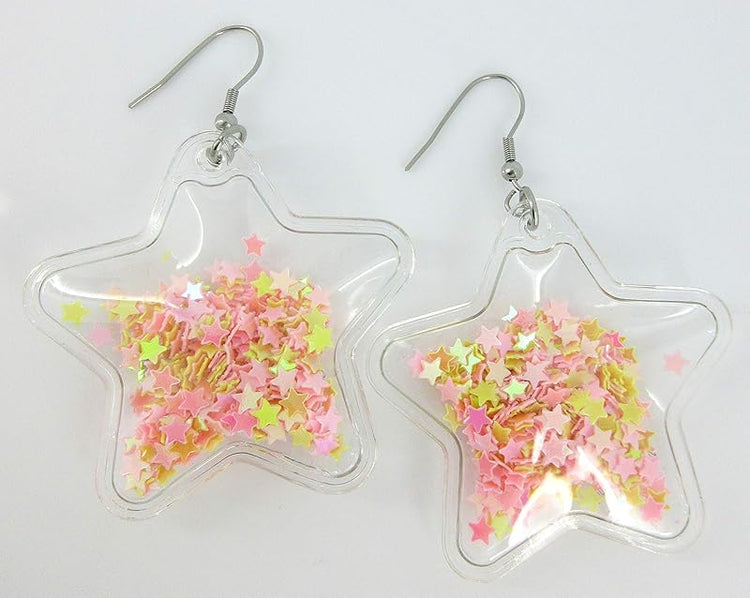 Summerfield Collection Confetti Glitter Shaker Large Star Dangle Earrings Stainless Steel (Pink/Yellow)