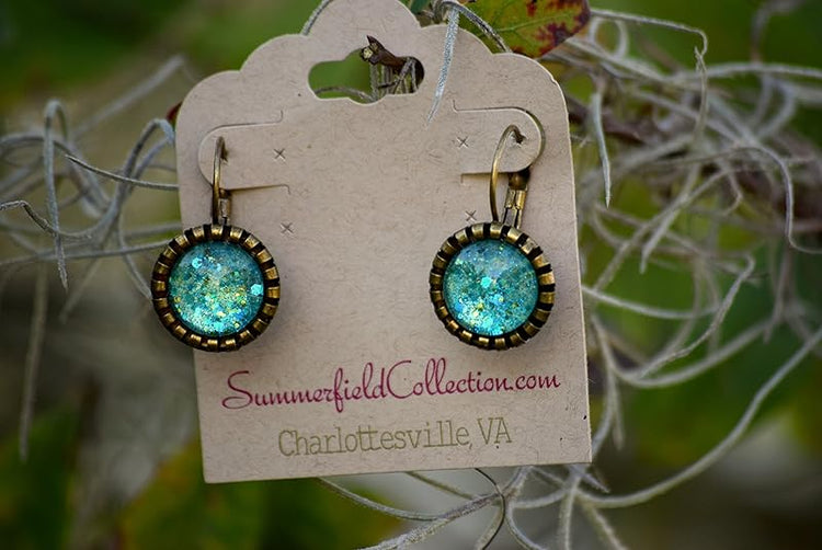 Summerfield Collection Antiqued Gold-tone Seafoam Green and Blue Glitter Glass Drop Earrings Leverback Hand-painted