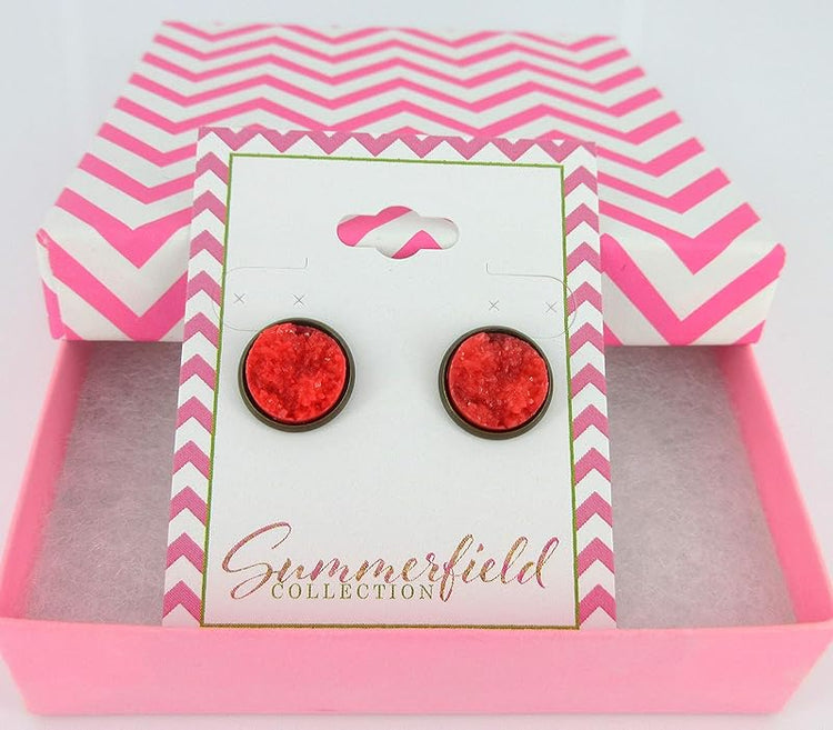 Summerfield Collection Antiqued Gold-tone Faux Druzy Stone Stud Earrings 12mm (Red)