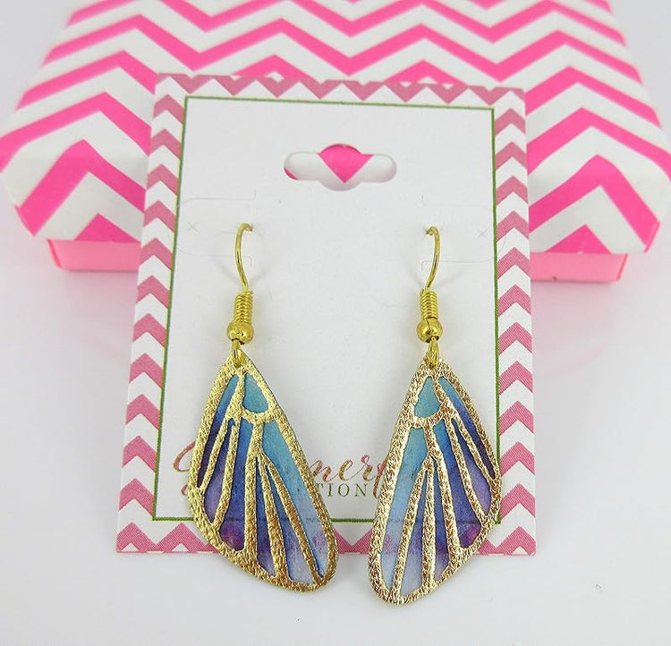 Summerfield Collection Gold Tone Butterfly Wing Fabric Dangle Earrings (Purple and Blue)