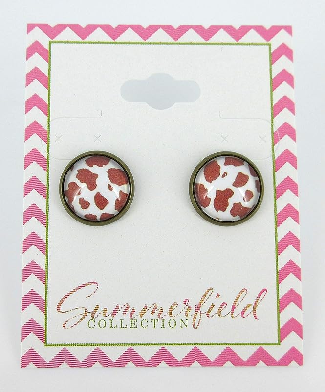 Summerfield Collection Antiqued Gold-tone Brown Cow Animal Print Glass Stud Earrings 12mm