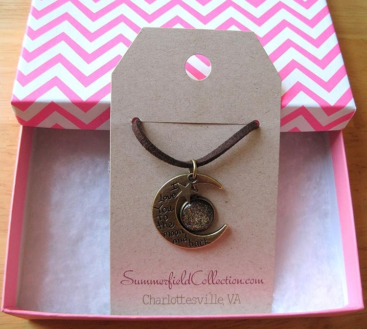 Summerfield Collection Antiqued Gold-Tone Glitter Glass I Love You to the Moon and Back Pendant Necklace Brown Faux Suede