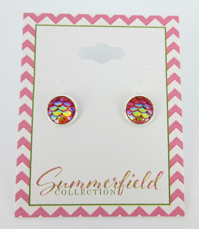Summerfield Collection Silver-tone Metallic Mermaid Scale Stud Earrings 8mm (Orange AB)