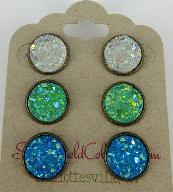Summerfield Collection Trio Antiqued Gold-tone Stud Earrings Faux Druzy Stone Clear AB Sea Blue Green Set 12mm