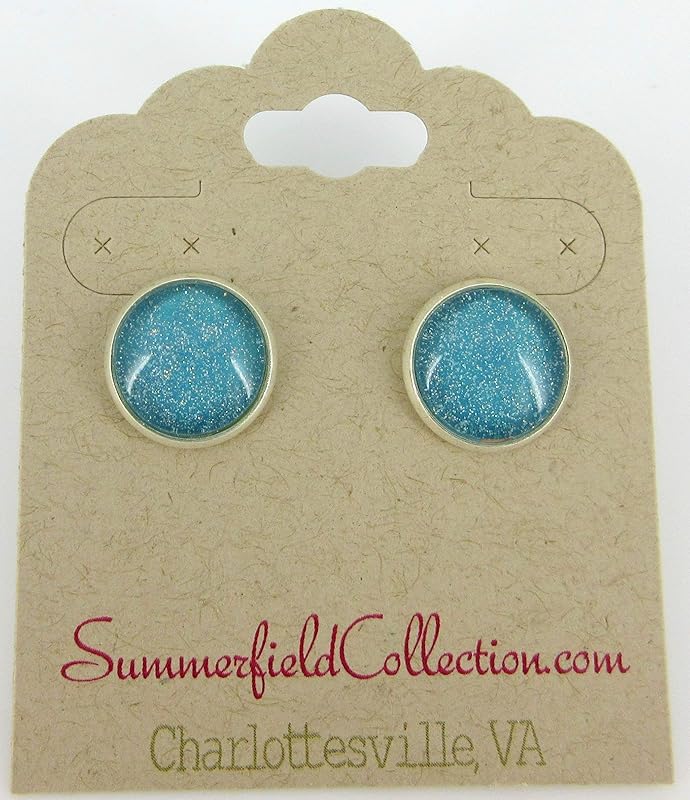 Summerfield Collection Silver-tone Soft Teal Green Blue Glitter Glass Stud Earrings Hand-painted 12mm