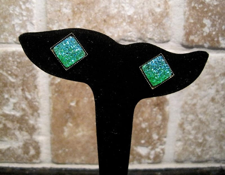 Summerfield Collection Geometric Square Shaped Flat Faux Druzy Stud Earrings 12mm Statement Antiqued Gold-tone (Green)