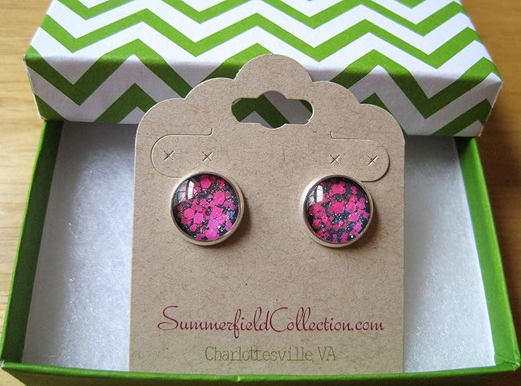 Summerfield Collection Silver-Tone Charcoal Gray and Neon Pink Glitter Glass Stud Earrings 12mm