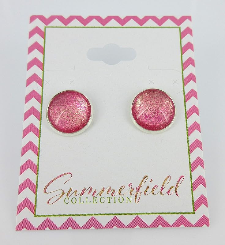 Summerfield Collection Silver-tone Pink and Gold Shimmer Glitter Glass Stud Earrings Hand-painted 12mm