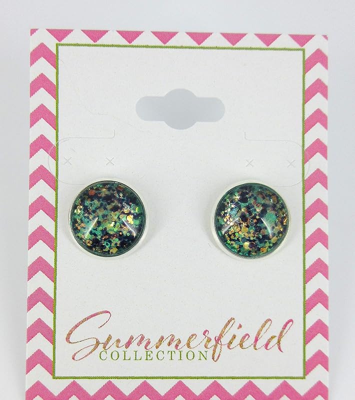 Summerfield Collection Silver-tone Mermaid Tail Glitter Glass Stud Earrings Hand-painted 12mm