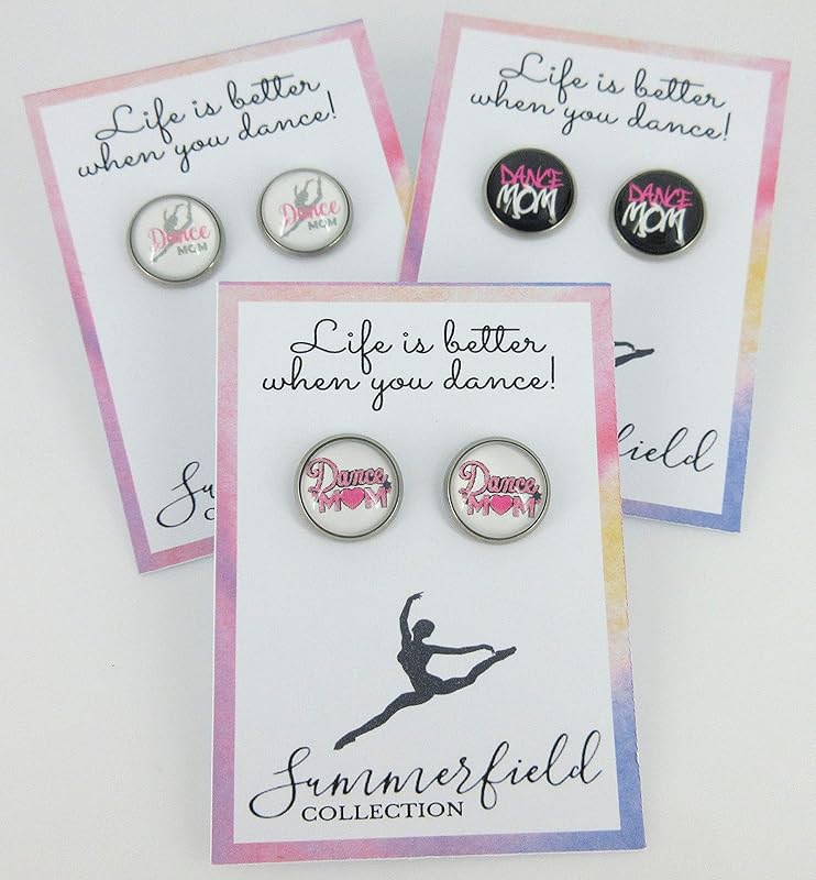 Summerfield Collection Stainless Steel Dance Mom Print Glass Stud Earrings 12mm (White and Pink w/Heart)