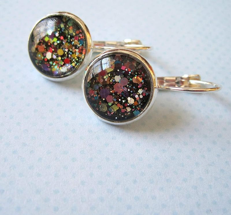 Summerfield Collection Silver-tone Black and Multi-Color Confetti Glitter Glass Drop Earrings Leverback Hand-painted