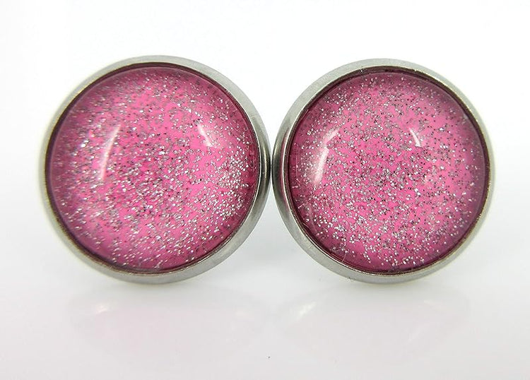Summerfield Collection Stainless Steel Pink and Silver Glitter Glass Stud Earrings Hand-painted 12mm