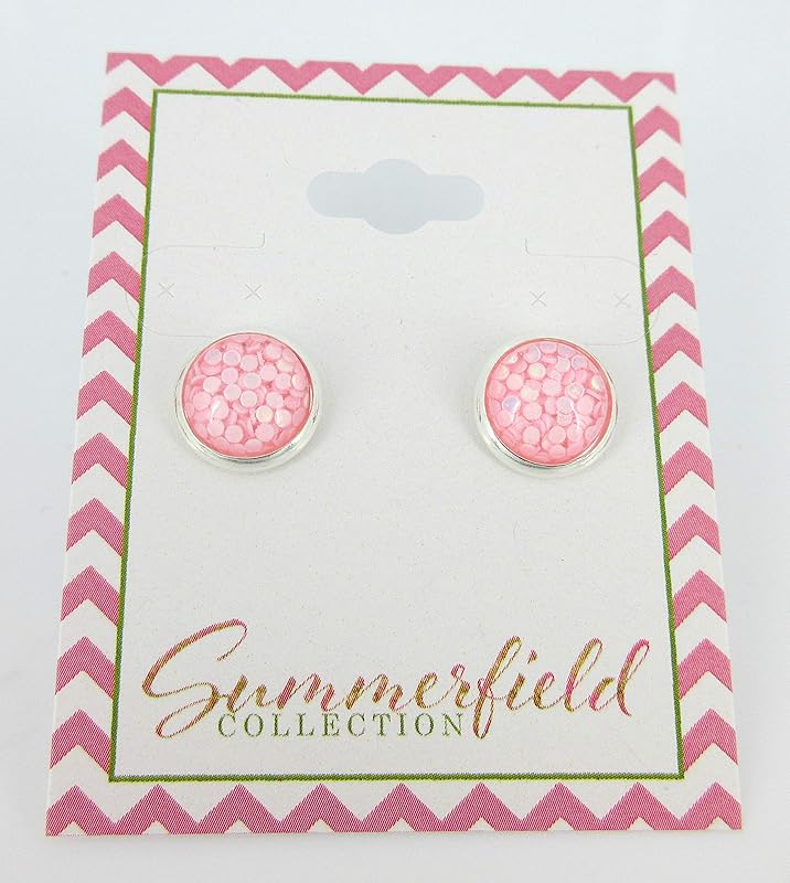Summerfield Collection Shiny Silver-tone Iridescent Glitter Resin Stud Earrings 10mm (Light Pink)