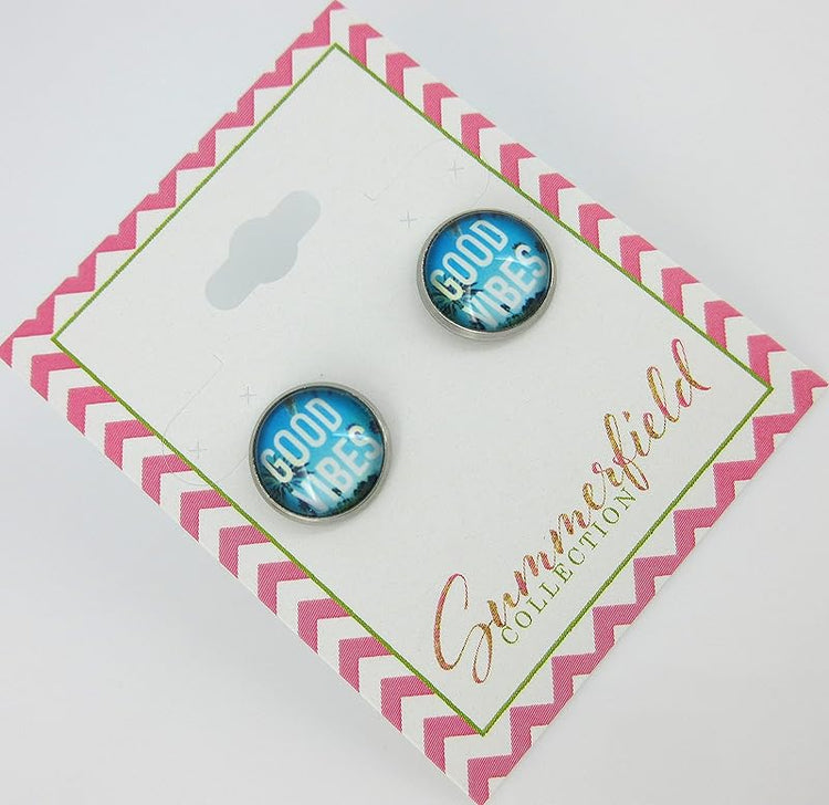 Summerfield Collection Stainless Steel Good Vibes Print Glass Stud Earrings 12mm (Blue Sky)