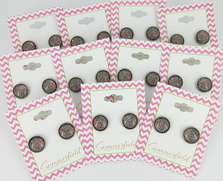 Summerfield Collection Stainless Steel Black with Holographic and Red Glitter Flakes Glass Stud Earrings Hand-painted 12mm