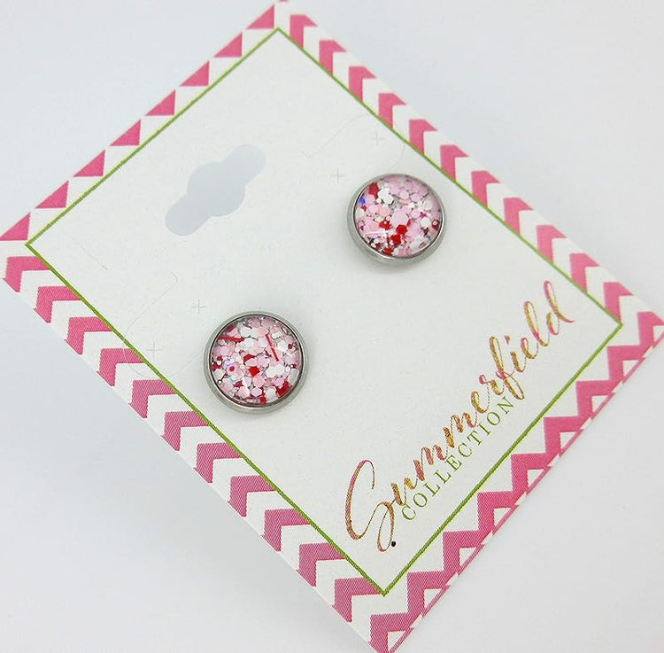 Summerfield Collection Stainless Steel Pink White Red Glitter Glass Stud Earrings Hand-painted 10mm