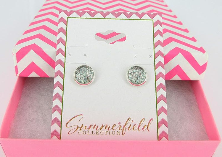 Summerfield Collection Silver-tone Aqua Blue and Red and Holographic Glitter Glass Stud Earrings Hand-painted 8mm