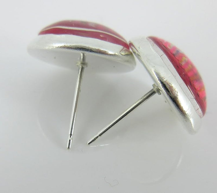 Summerfield Collection Silver-tone Hot Pink and Multi Color Glitter Glass Stud Earrings Hand-painted 12mm