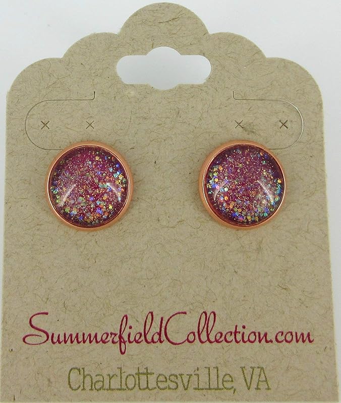 Summerfield Collection Rose Gold-tone Berry Iridescent Glitter Glass Galaxy Stud Earrings Hand-painted 12mm