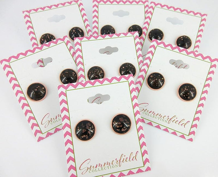 Summerfield Collection Rose Gold-tone Black Spotted Glitter Glass Stud Earrings Hand-painted 12mm