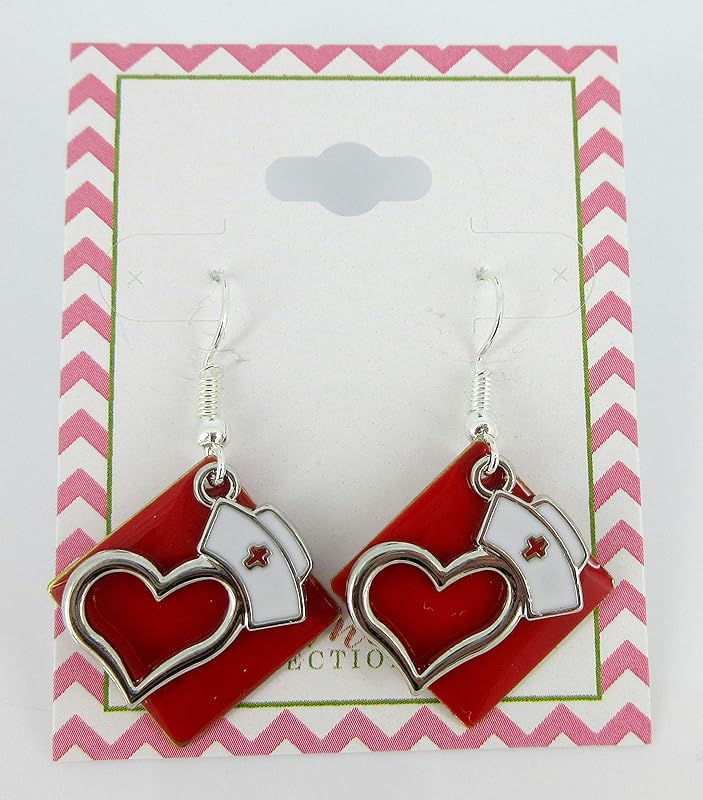 Summerfield Collection Silver-tone Red Enamel Nurse Hat Heart Charm Dangle Earrings
