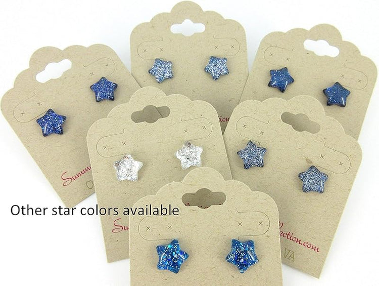 Summerfield Collection Dark Royal Blue Star Shaped Glitter Glass Galaxy Stud Earrings 10mm Hand-painted