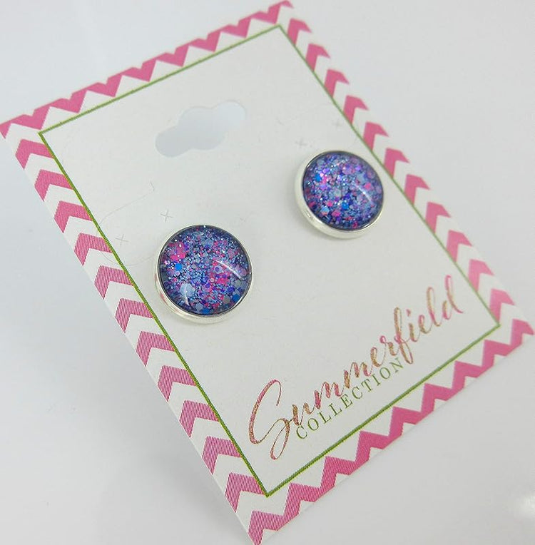 Summerfield Collection Silver-tone Gray Neon Pink Aqua Blue and Purple Glitter Glass Stud Earrings Hand-painted 12mm