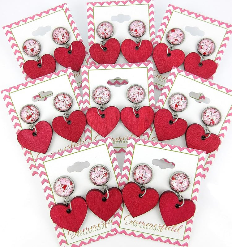 Summerfield Collection Stainless Steel Pink White Glitter Glass Red Heart Wood Drop Earrings