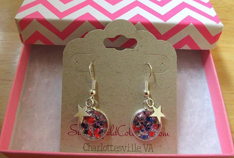 Summerfield Collection Silver-tone Patriotic Glitter Glass Star Charm Dangle Earrings Hand-painted