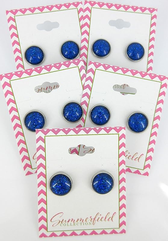 Summerfield Collection Stainless Steel Royal Blue Glitter Glass Stud Earrings Hand-painted 12mm