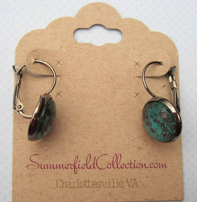 Summerfield Collection Hematite-tone Teal Blue Green Flake Glitter Glass Lever-back Drop Earrings Hand-painted