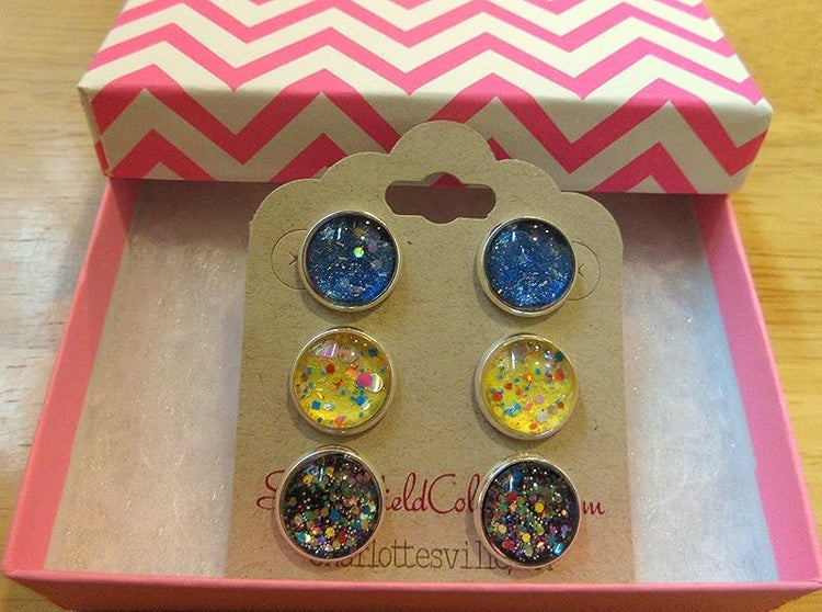 Summerfield Collection Trio Silver-tone Stud Earrings Blue Yellow and Black Confetti Glitter Glass Set 12mm Hand-painted