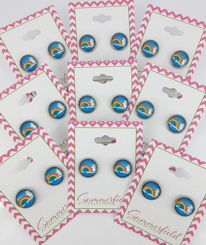 Summerfield Collection Stainless Steel Unicorn Licking Rainbow Print Glass Stud Earrings 12mm