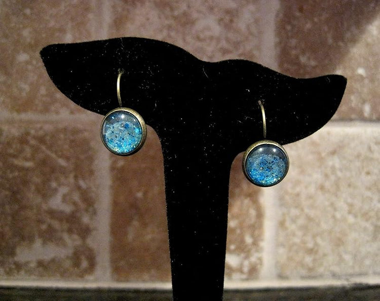 Summerfield Collection Antiqued Gold-tone Seafoam Green and Blue Glitter Glass Lever-back Drop Earrings Hand-painted