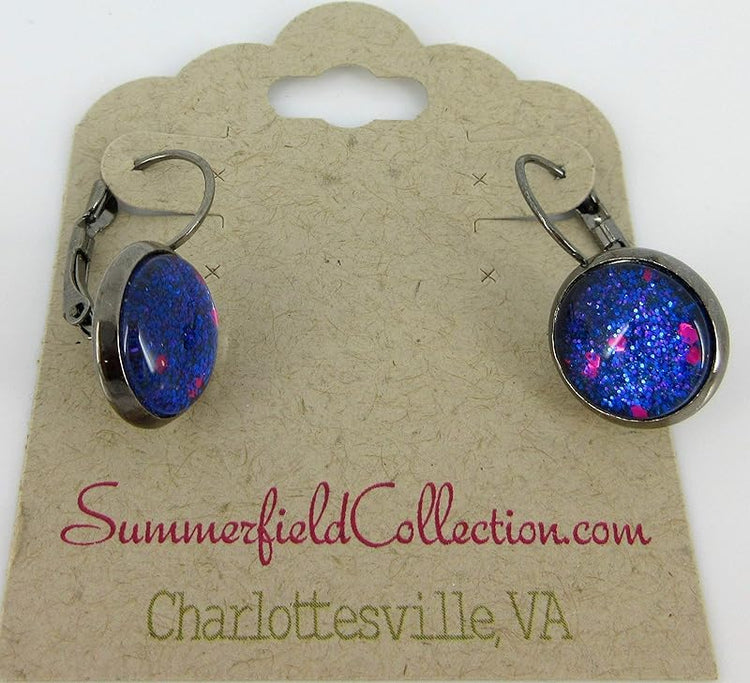 Summerfield Collection Hematite-tone Blue Purple Pink Glitter Glass Galaxy Lever-back Drop Earrings Hand-painted
