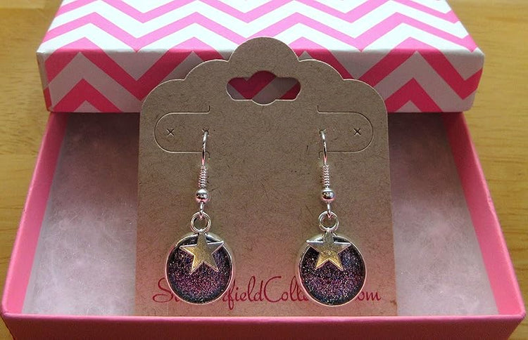 Summerfield Collection Silver-tone Holographic Glitter Glass Star Charm Galaxy Dangle Earrings Hand-painted