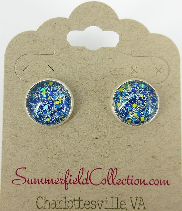 Summerfield Collection Silver-tone Blue Yellow Holographic Glitter Glass Stud Earrings Hand-painted 12mm