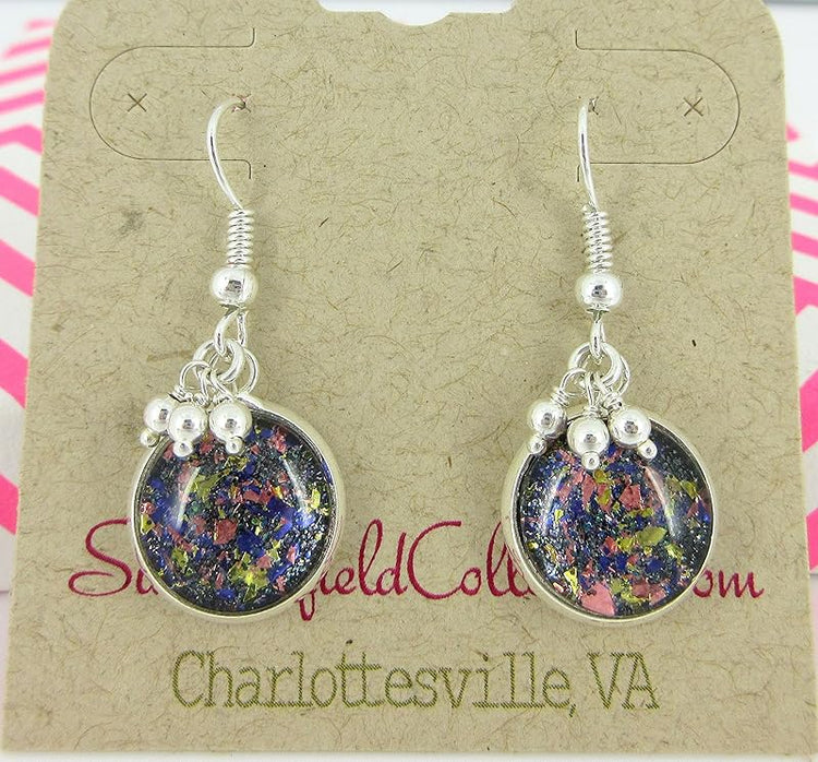 Summerfield Collection Silver-tone Purple Pink Yellow Glitter Glass 3 Bead Tassel Charm Dangle Earrings